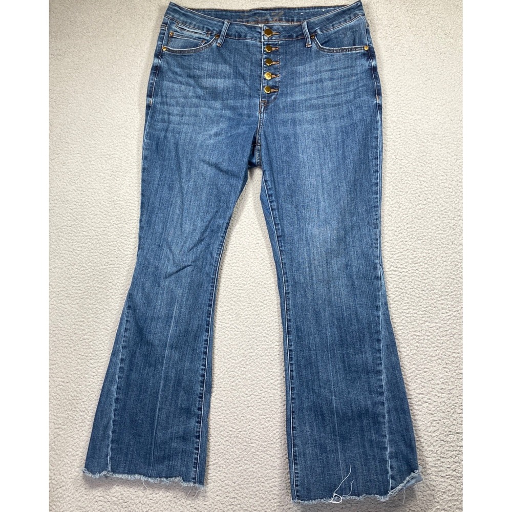 Seven7 Flare Jeans Women 18 Blue Medium Wash Exposed Button Fly Raw Hem FLAW